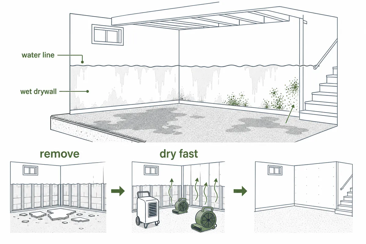 Illustration of a flooded basement with a water line, wet drywall and mold, then drywall removed, dried fast and rebuilt